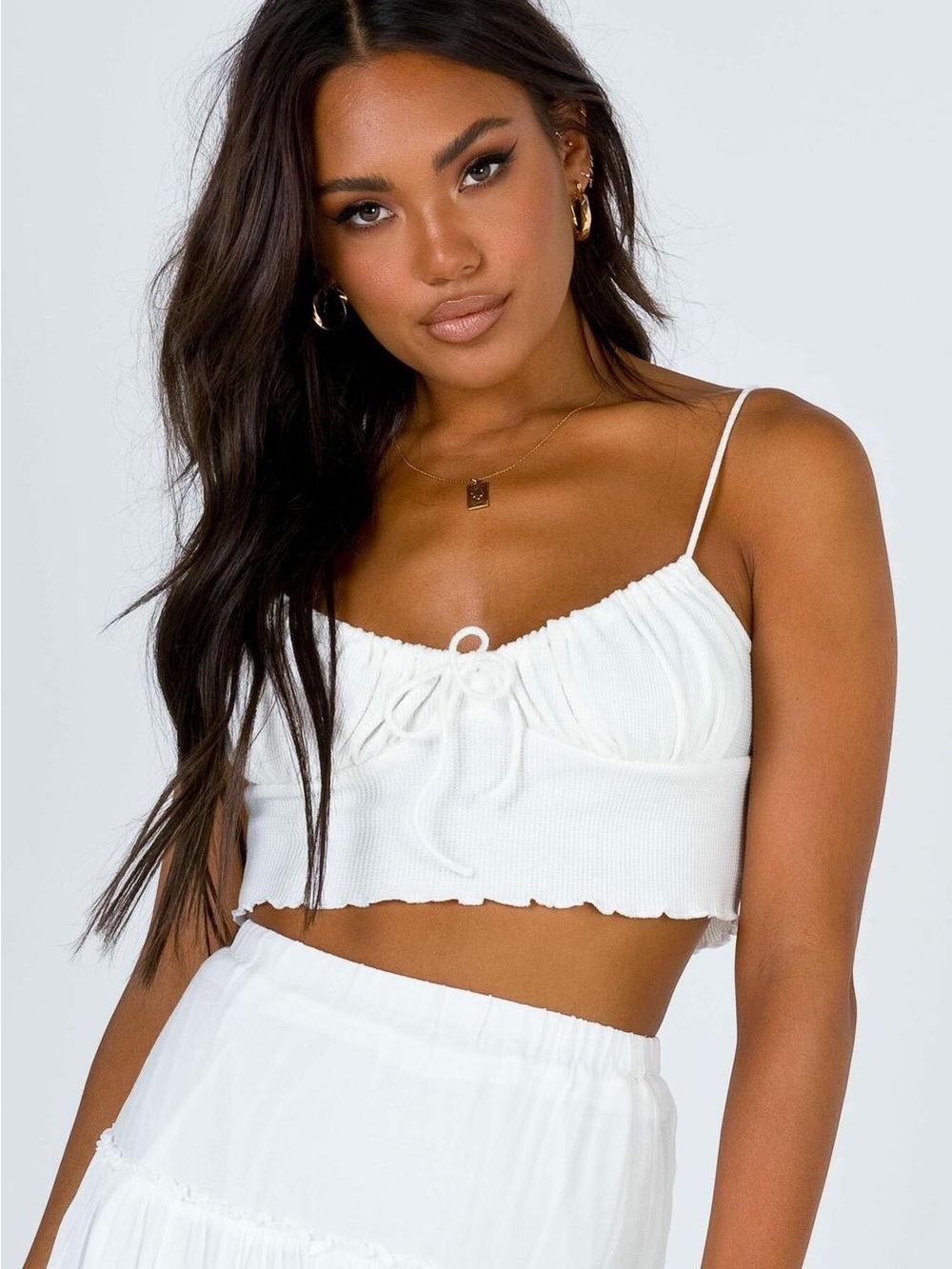 Princess Polly White Ribbed Tie-Front Crop Cami Top